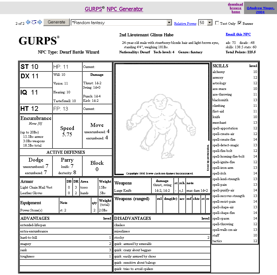 Screen Shot of the Online Version of GURPS NPC Generator